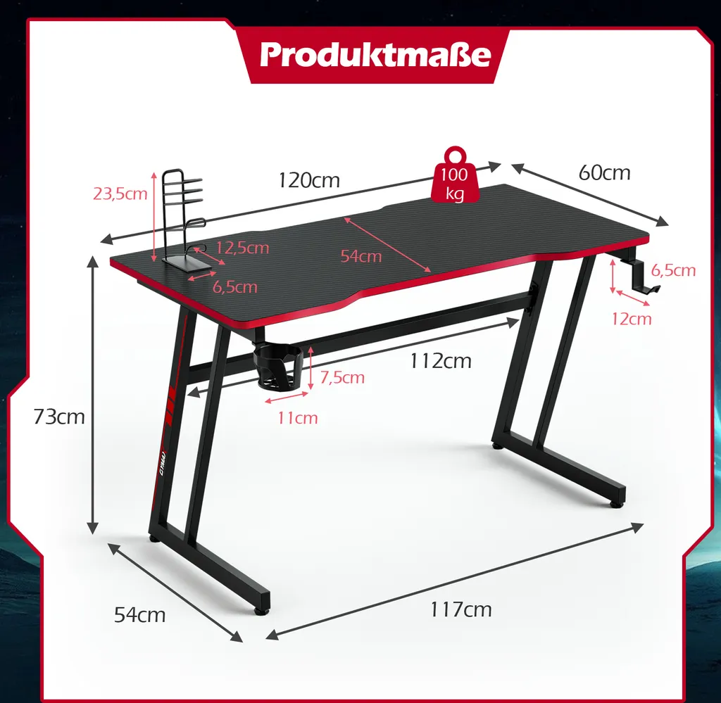 COSTWAY 119cm Gaming Tisch Z-förmig, Computertisch Mit Getränkehalter, Kopfhörerhaken, Gamepad-Halterung, Ergonomischer Schreibtisch, Arbeitstisch Büro PC-Tisch (Schwarz-Rot) – Bild 6