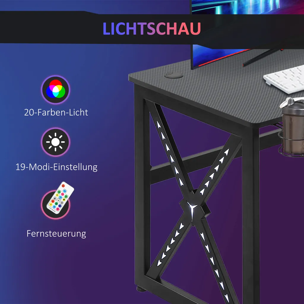 HOMCOM Computertisch Mit LED-Leuchten Monitorablage PC Tisch Gaming Tisch Mit Becherhalter E-Sport-Stil Bürotisch Mit Verstellbaren Füßen MDF Metall Schwarz 120 X 60 X 73 Cm – Bild 6