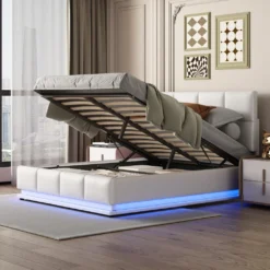 Merax Polsterbett Mit LED, Hydraulisches Boxspringbett 140x200cm Mit Lattenrost, Stauraum, Doppelbett Holzbett Kunstleder, Weiß