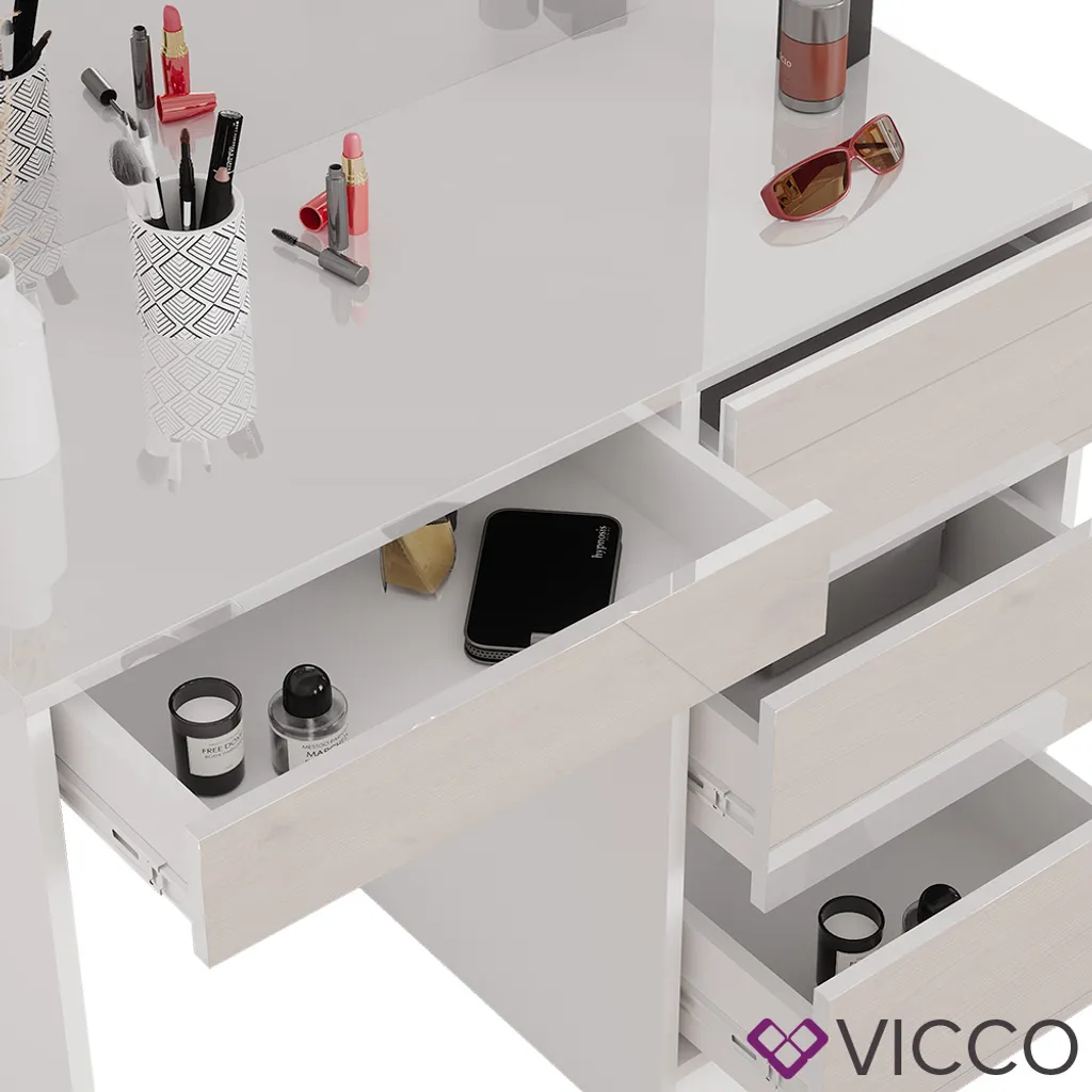 Vicco Schminktisch + Spiegel + Hocker Sherry Weiß Hochglanz 90 X 75 X 40 Cm Holzwerkstoff – Bild 6