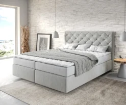 DELIFE Boxspringbett Dream-Great 160x200 Cm Mikrofaser Silbergrau Mit Matratze Und Topper