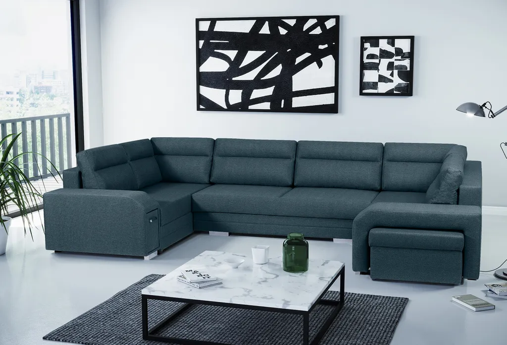 Ecksofa Mit Hocker Und Minibar - U-form Sofa Mit Schlaffunktion - Blau - Wohnlandschaft - Ausklappbar Bettsofa - Wohnzimmer U Couch - Polstersofa Mit Bettkasten ALVARES_U