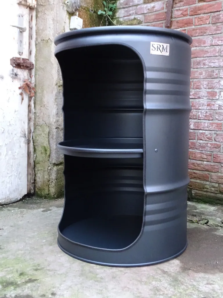 Fassregal Design Regal Ölfass 210L Fass Möbel Matt-Schwarz Fassmöbel + Beleuchtung