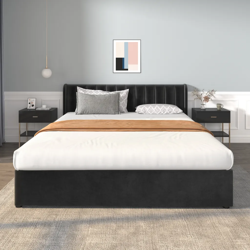 Merax Boxspringbett 180x200cm Polsterbett Stauraumbett Funktionsbett Doppelbett Mit Lattenrost Und 2 Schubladen, Schwarz – Bild 3