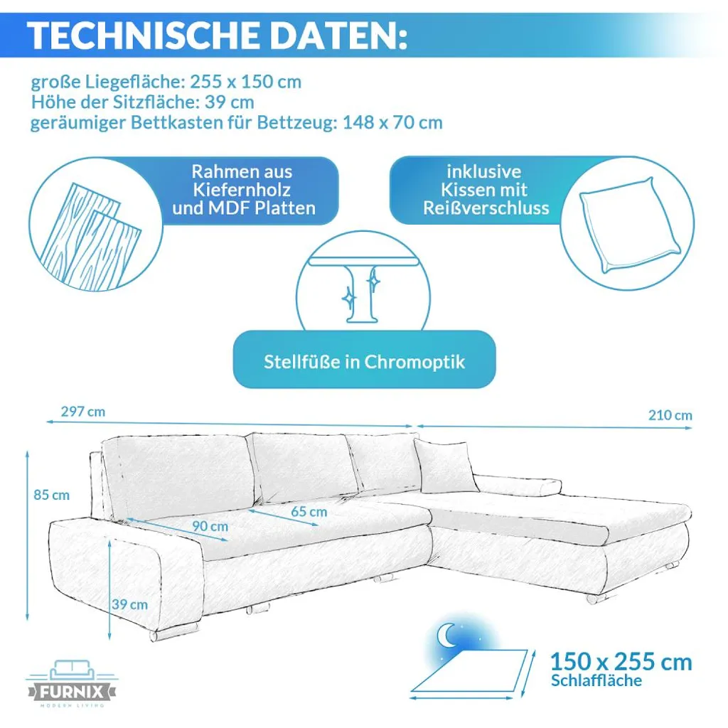 FURNIX Ecksofa TOMMASO Sofa Mit Schlaffunktion Bettkasten Und Kissen Couch Pflegeleichter Stoff GRAU L-Form M H84 – Bild 5