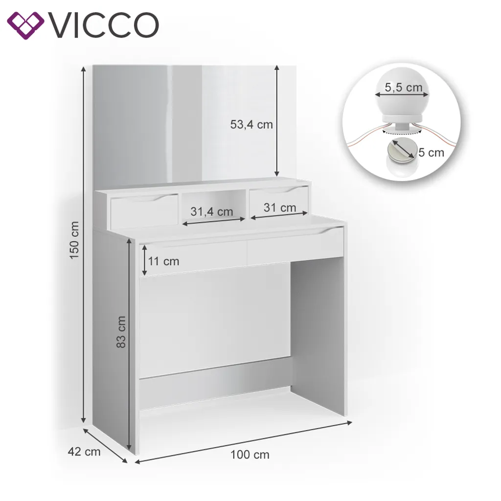 Vicco Schminktisch + LED Ruben Weiß 100 X 150 X 42 Cm Holzwerkstoff – Bild 3