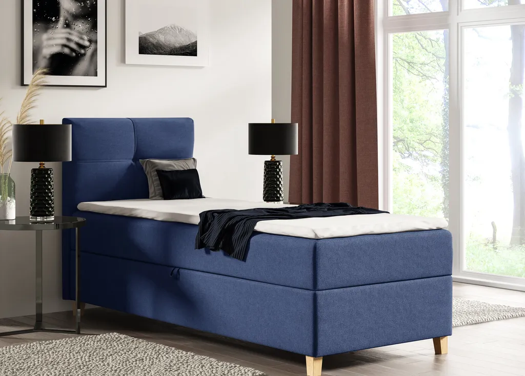 Boxspringbett Candy Mini Mit Bettkasten Und Topper - Einzelbett Mit Bonell-Matratze Und Topper, Bett Mit Holzfüße, Jugendbett, Kinderbett (Blau (Soro 76), 100 X 200 Cm)