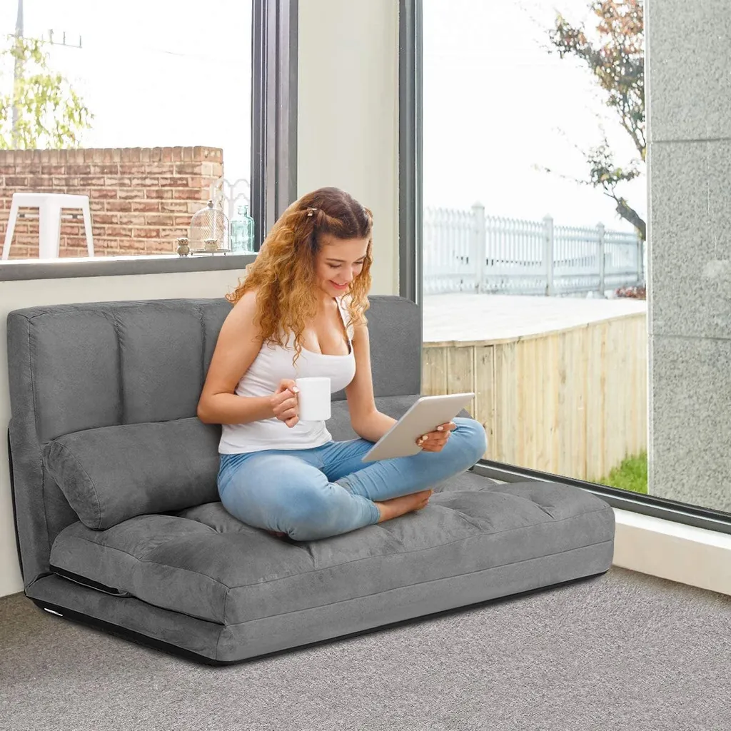 COSTWAY Schlafsofa Mit 2 Kissen, Sofabett Mit 6 Stufig Verstellbarer Rücklehne, Lazy Sofa Klappbar, Bodensofa Für Schlafzimmer, Wohnzimmer Und Balkon Grau
