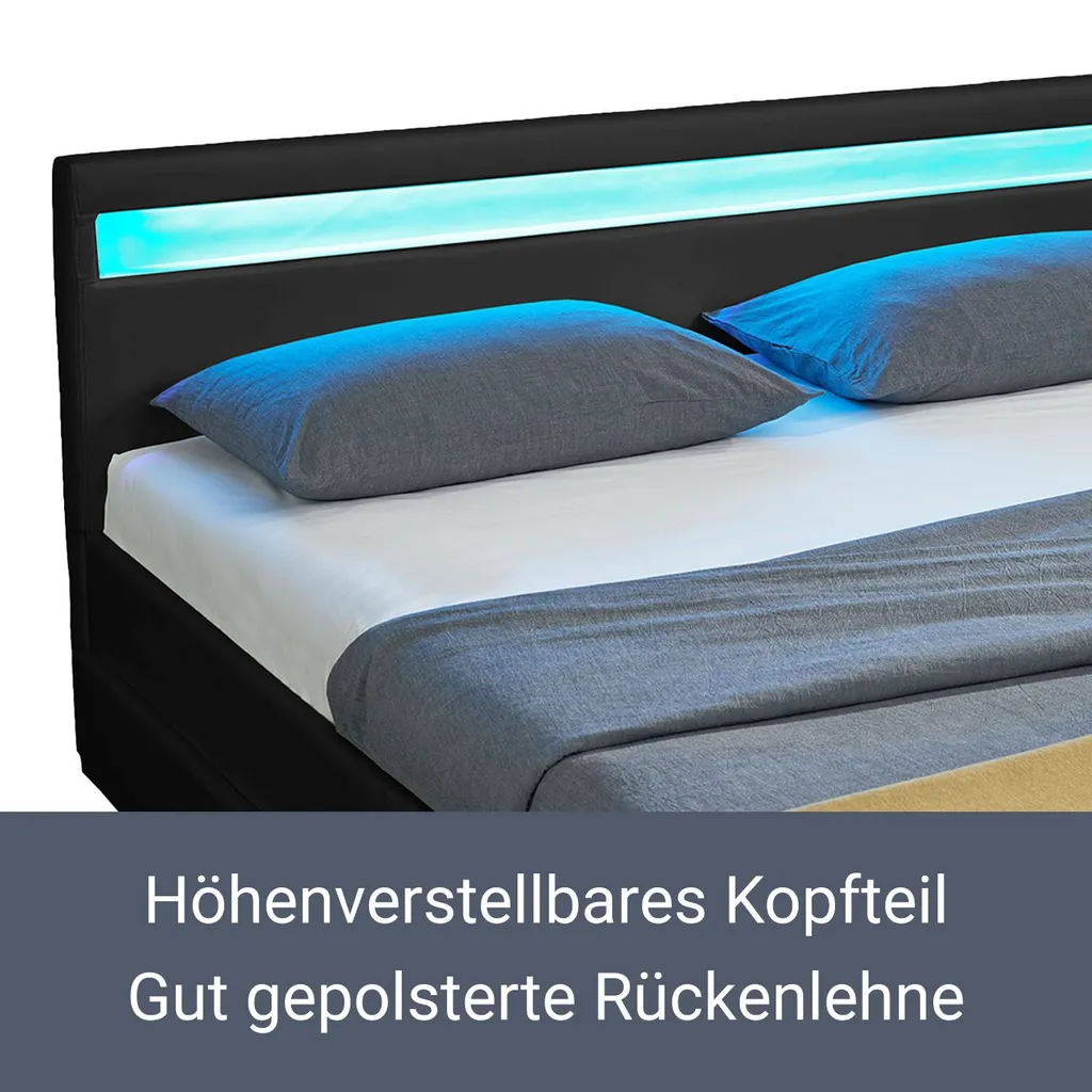 Juskys Polsterbett Lyon 140 X 200 Cm Mit Bettkasten, LED Beleuchtung, Lattenrost & Matratze - Kunstleder & Holz – Bett Bettgestell Jugendbett Schwarz – Bild 7