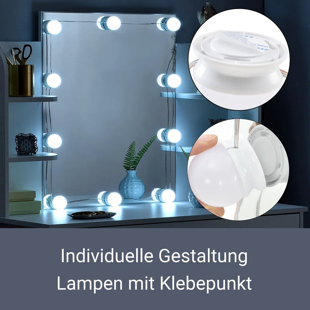 Juskys Schminktisch Bella Mit LED Beleuchtung, Spiegel, Schublade & 4 Ablagefächern - 108 X 40 X 140 Cm - Holz - Weiß - Kosmetiktisch Frisiertisch – Bild 6