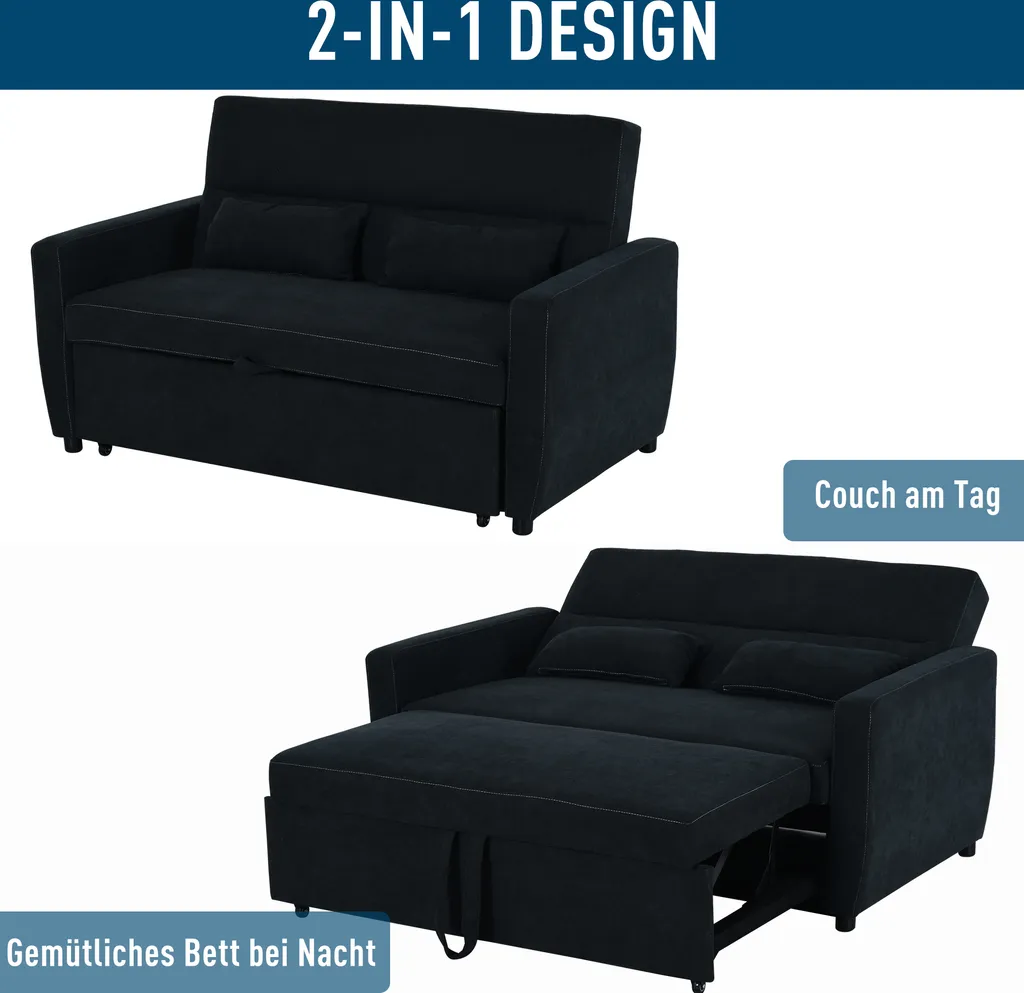 HOMCOM Schlafsofa, Klappsofa, 2-Sitzer Stoffsofa, Bettsofa, Sofa Mit Schlaffunktion, Sofagarnitur, Verstellbarer Winkel, Schwarz, 148 X 82 X 89 Cm – Bild 7