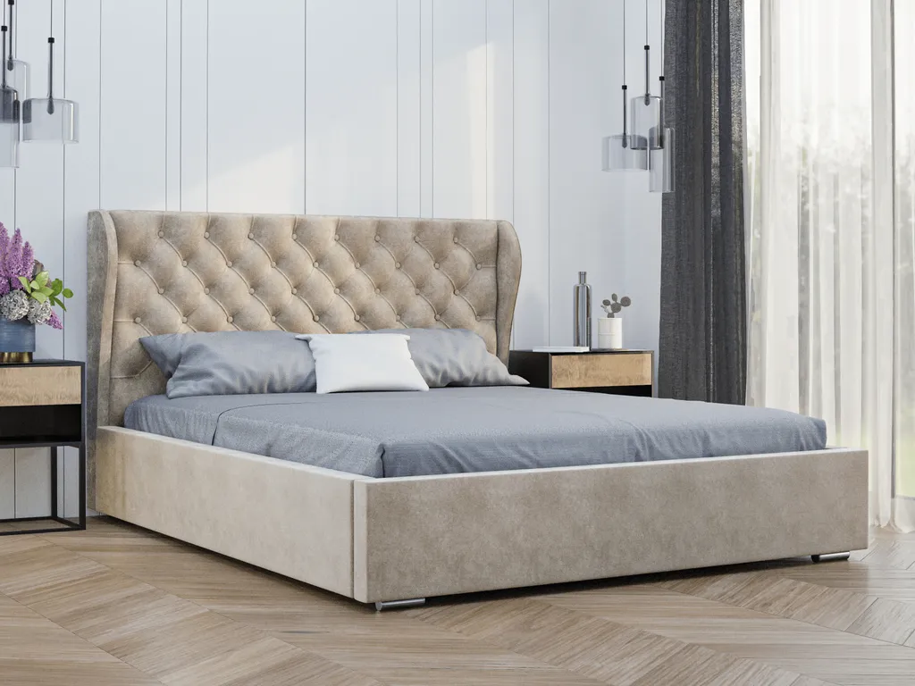 Elegantes Bett 180x200 Florence - Polsterbett Mit Velourstoff - Bettkasten & Lattenrost - Chesterfield Ohren Kopfteil - Beige (Vogue 02)