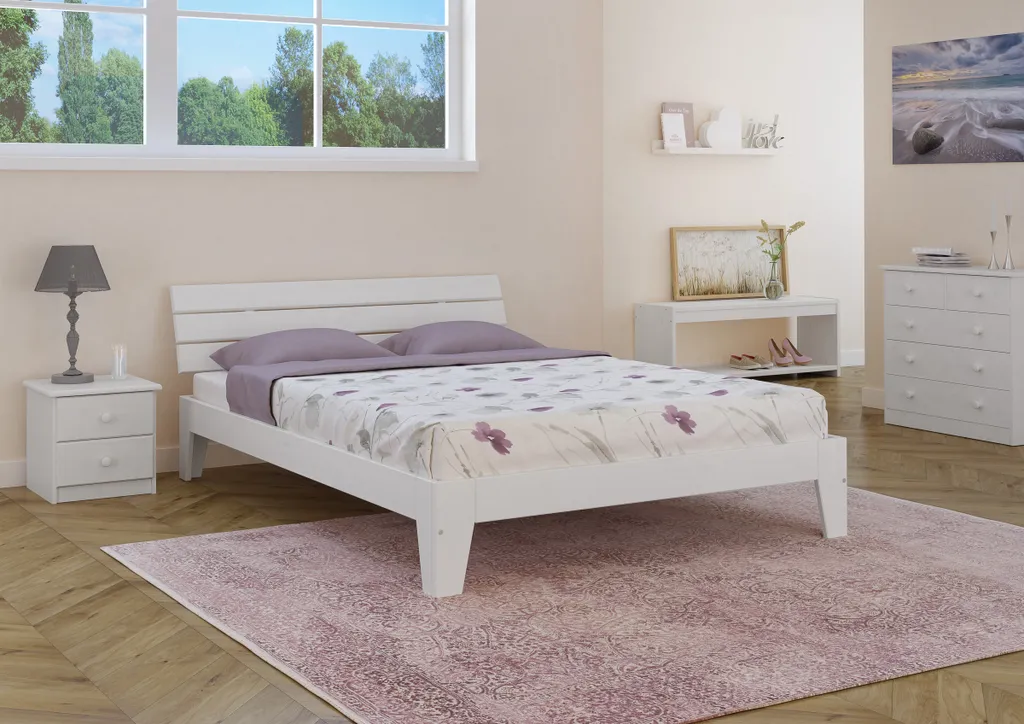 Weißes Doppelbett In Überlänge 140x220 Bettgestell Holzbett Massivholz Kiefer Weiß V-60.54-14-220Wohne Zubehör – Bild 2
