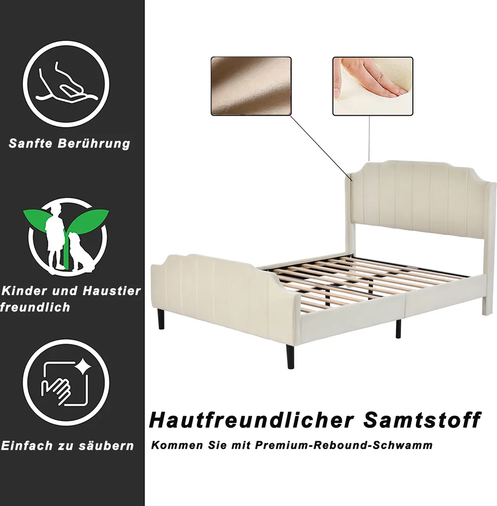 Polsterbett 140x200cm Bettgestell, Mit Kopfteil Fußteil Lattenrost Polsterbetten Holz Bett Doppelbett Erwachsenen Jugendbett Gästebett, Beige Ohne Matratze – Bild 3