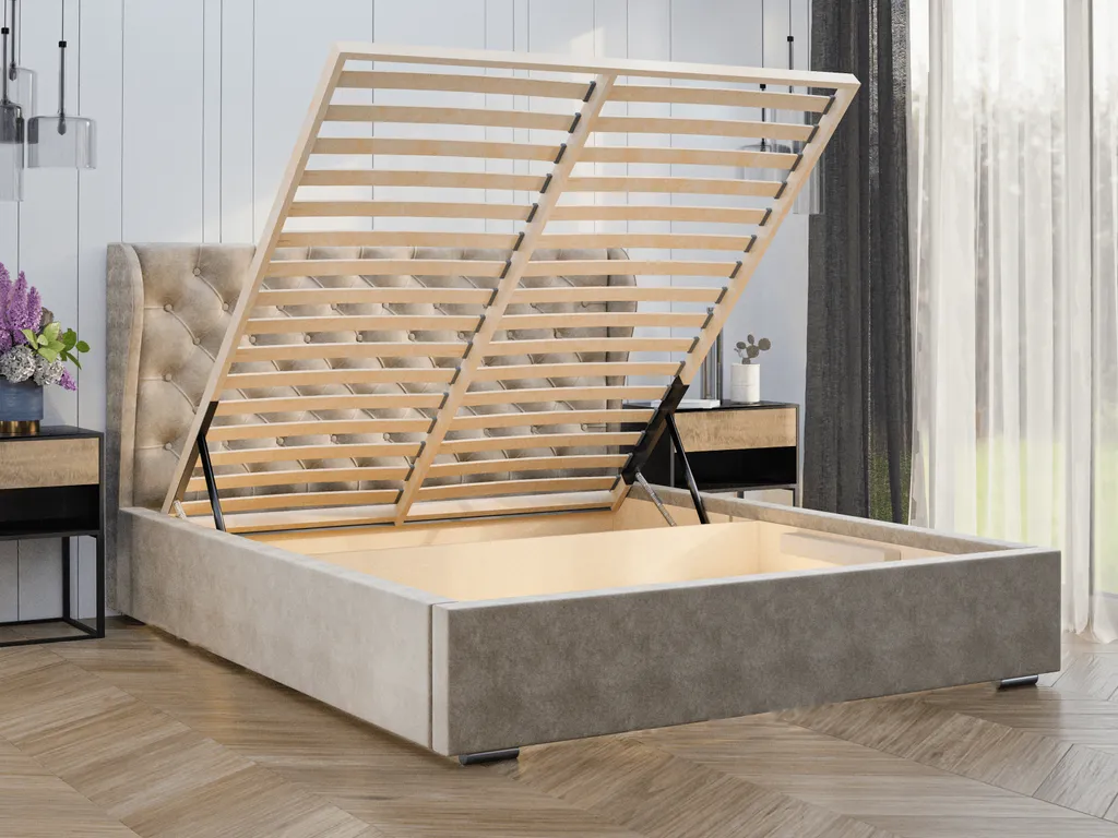 Elegantes Bett 200x200 Florence - Polsterbett Mit Velourstoff - Bettkasten & Lattenrost - Chesterfield Ohren Kopfteil - Grau (Vogue 14) – Bild 4