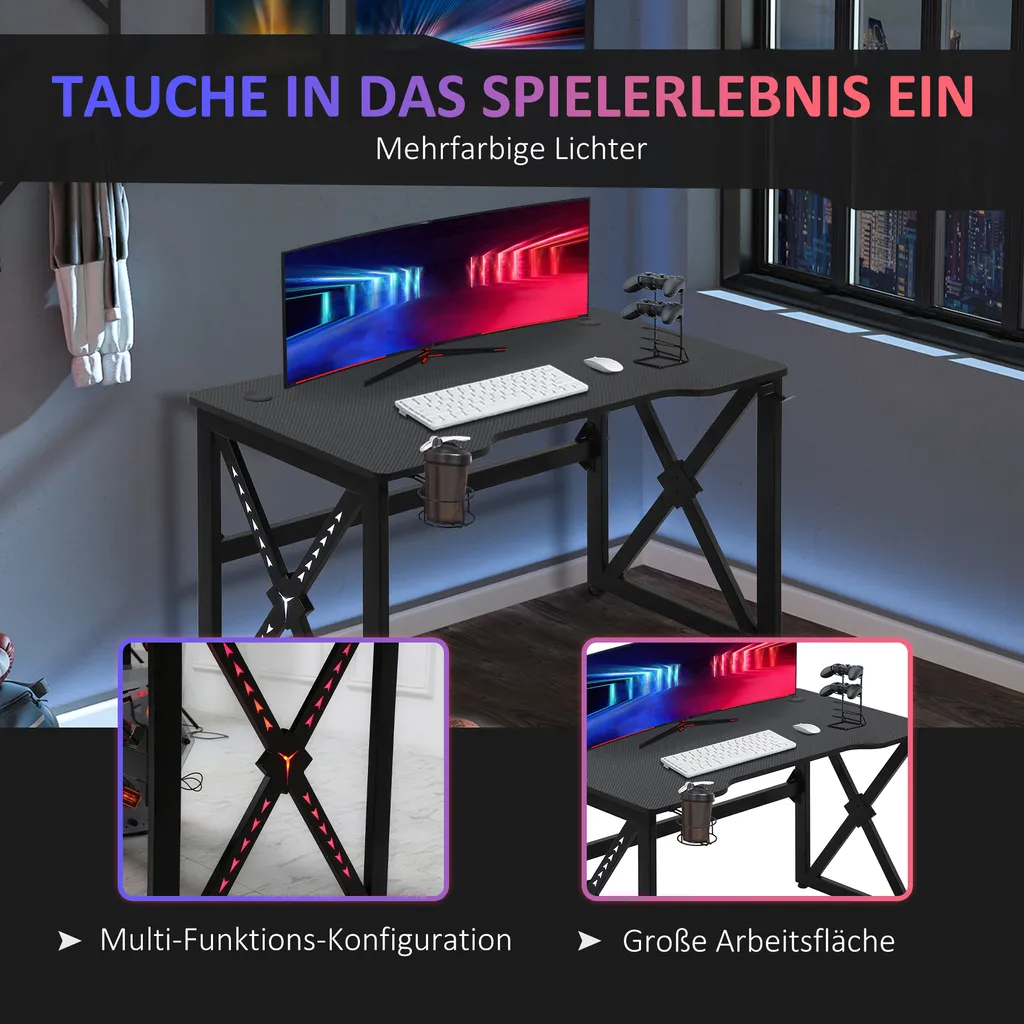 HOMCOM Computertisch Mit LED-Leuchten Monitorablage PC Tisch Gaming Tisch Mit Becherhalter E-Sport-Stil Bürotisch Mit Verstellbaren Füßen MDF Metall Schwarz 120 X 60 X 73 Cm – Bild 7