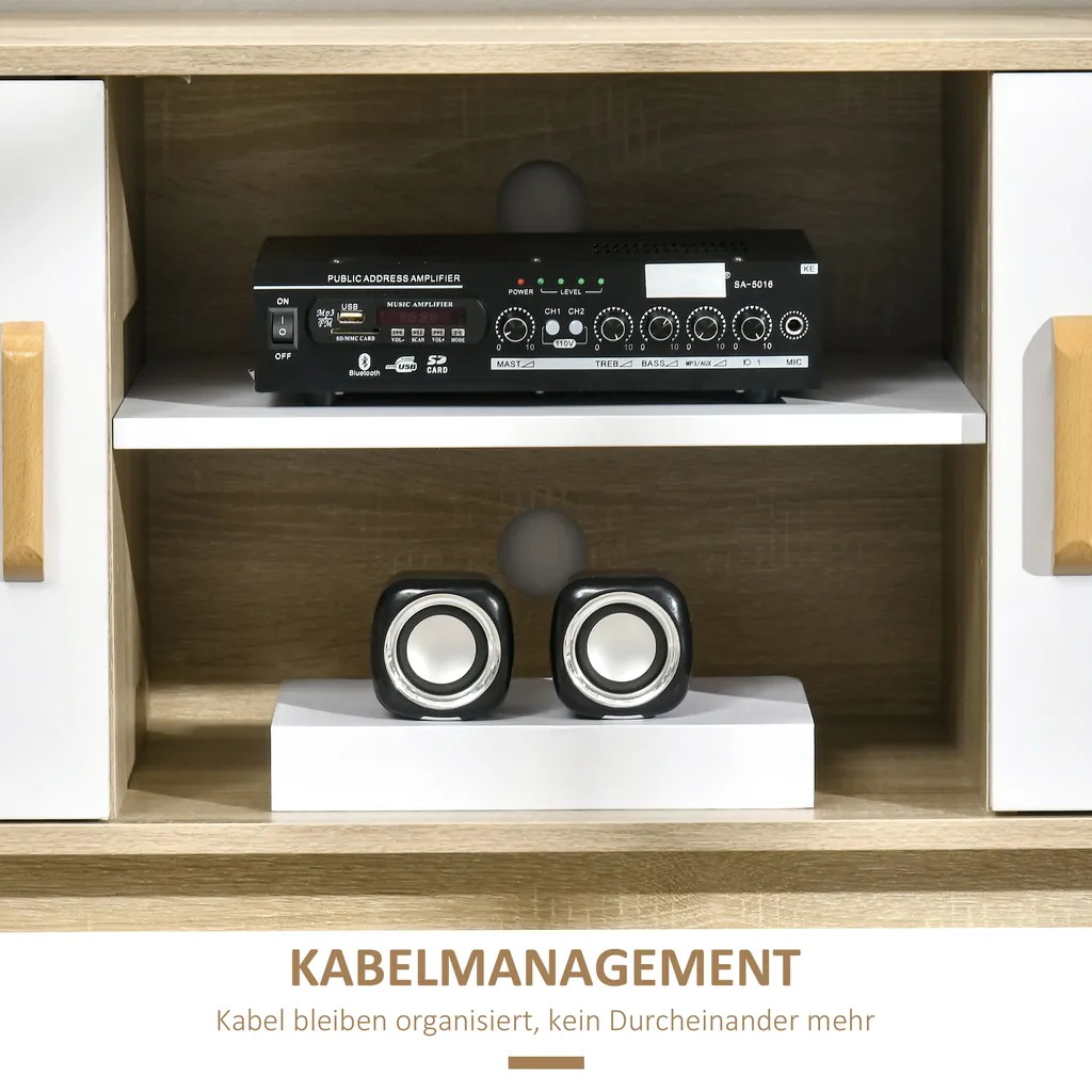 HOMCOM TV-Lowboard Fernsehschrank TV Schrank Fernsehtisch Sideboard Mit 2 Schränke Und Offenen Regale Skandi-Design Bis Zu 55 Zoll Natur+Weiß 120 X 40 X 55 Cm – Bild 6