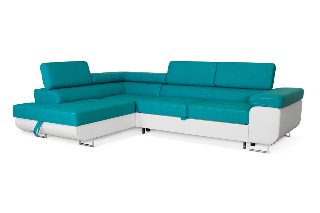 Ecksofa Aller L-form Mit Schlaffunktion Und Bettkasten, Türkis Und Weißes Kunstleder, Links Ottomane. – Bild 3