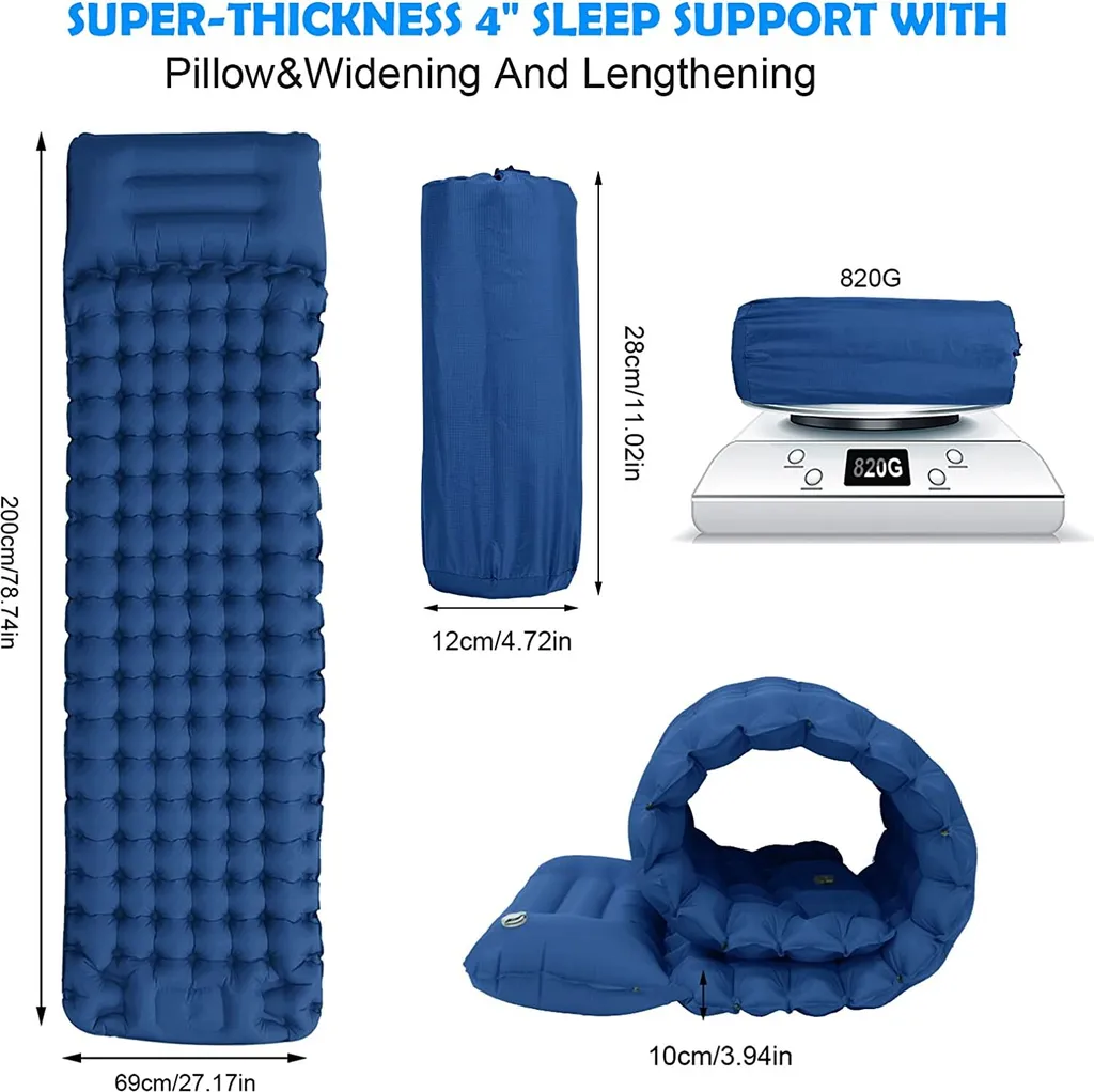 Isomatte Camping Selbstaufblasend Verdicktes Aufblasbare Matratze Mit Fußpresse Pumpe Und Kissen, Wasserdicht Luftmatratze Outdoor, 200 X 69 X 10 Cm,Blau – Bild 4