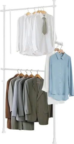 SoBuy FRG109-W Teleskop Garderoben System Mit 2 Kleiderstangen Kleideraufbewahrungssystem Regalsystem Kleiderständer