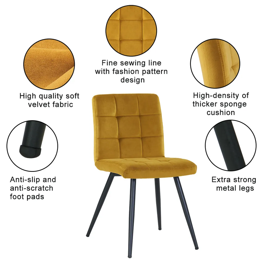 2er Set Esszimmerstuhl Polsterstuhl Stoff Samt Oder Stoff Lederoptik, Farbe:Gelb, Material:Samt – Bild 4