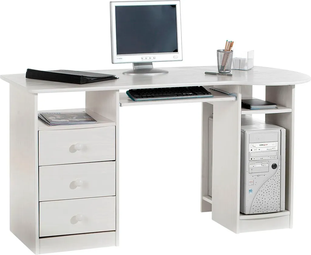 Schreibtisch BOB Computertisch PC-Schreibtisch, Kiefer Massiv Weiß Lackiert Mit Schubladen – Bild 4