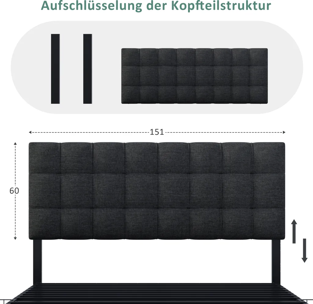 Merax Polsterbett 140x200cm Stauraumbett Doppelbett Mit 4 Schubladen, Höhenverstellbares Kopfteil & Metalllatten, Funktionsbett Aus Leinen, Schwarz – Bild 7