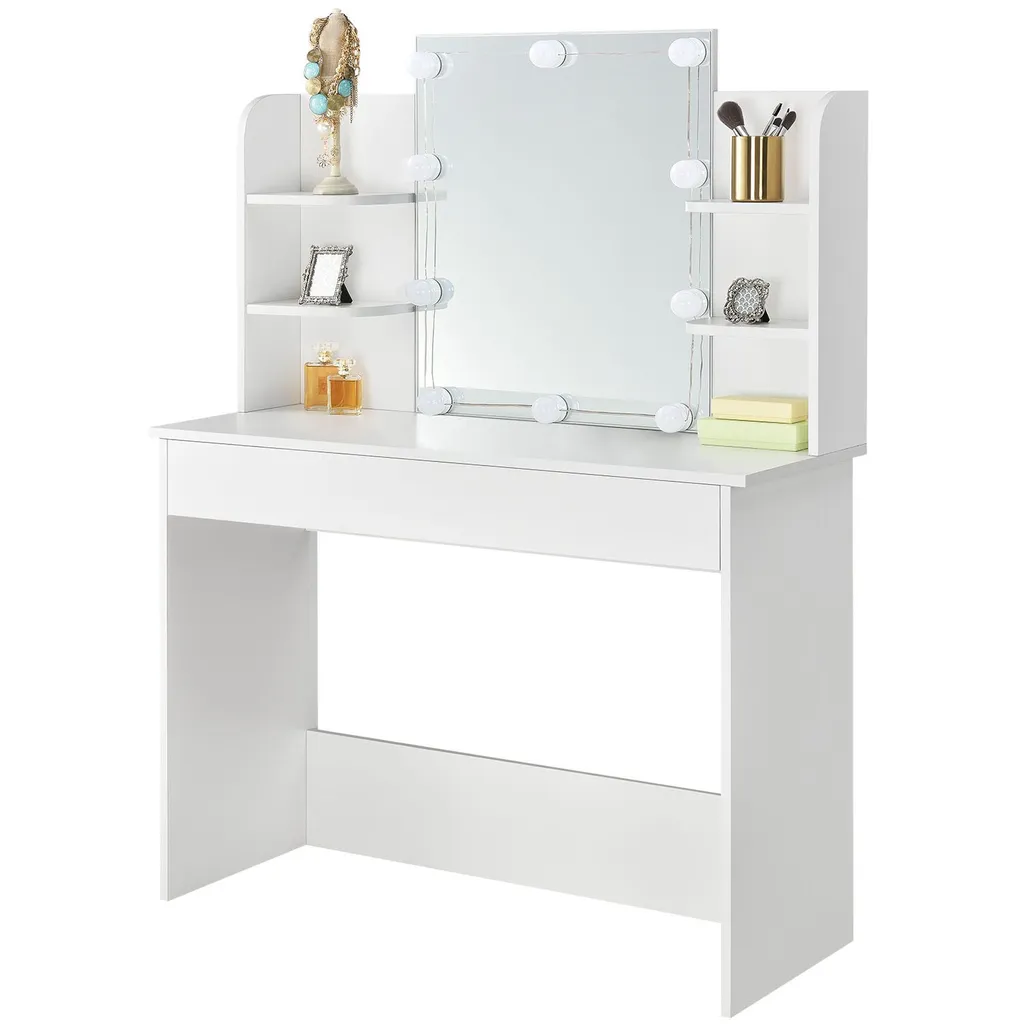 Juskys Schminktisch Bella Mit LED Beleuchtung, Spiegel, Schublade & 4 Ablagefächern - 108 X 40 X 140 Cm - Holz - Weiß - Kosmetiktisch Frisiertisch – Bild 9