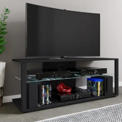 VCM Holz TV Lowboard Fernsehschrank Rack Konsole Möbel Fernsehtisch Fernseh Phono Glas Folas XL Schwarz