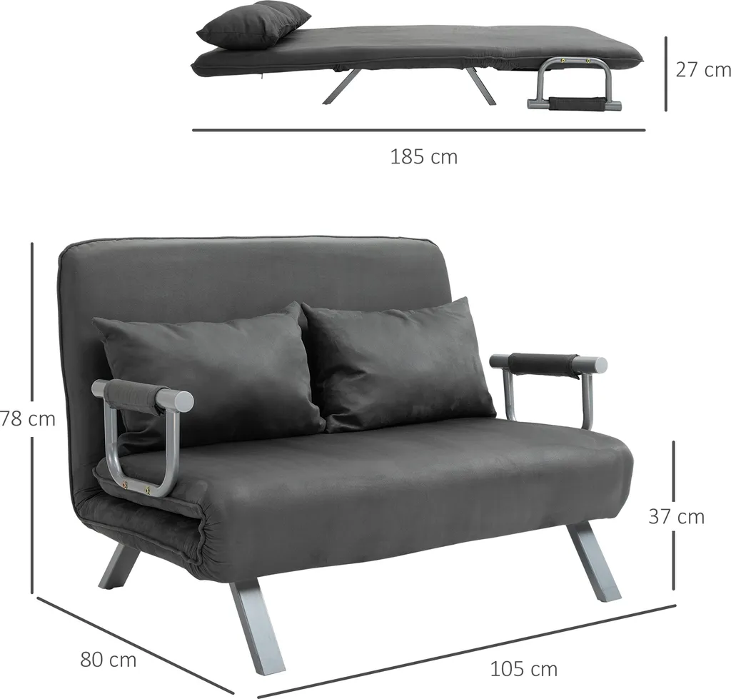 HOMCOM Doppelsofa Mit 2 Kissen Schlafsofa Mit Verstellbarer Rückenlehne Stoffabdeckung Abnehmbar Faux Suede Stahl Schaumstoff Grau 105 X 80 X 78 Cm – Bild 3