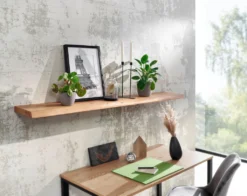 WOHNLING Wandregal Mit Baumkante Akazie Massivholz 160 Cm | Design Schweberegal Wandboard Massiv | Regal Holz Natur | Landhausstil Hängeregal