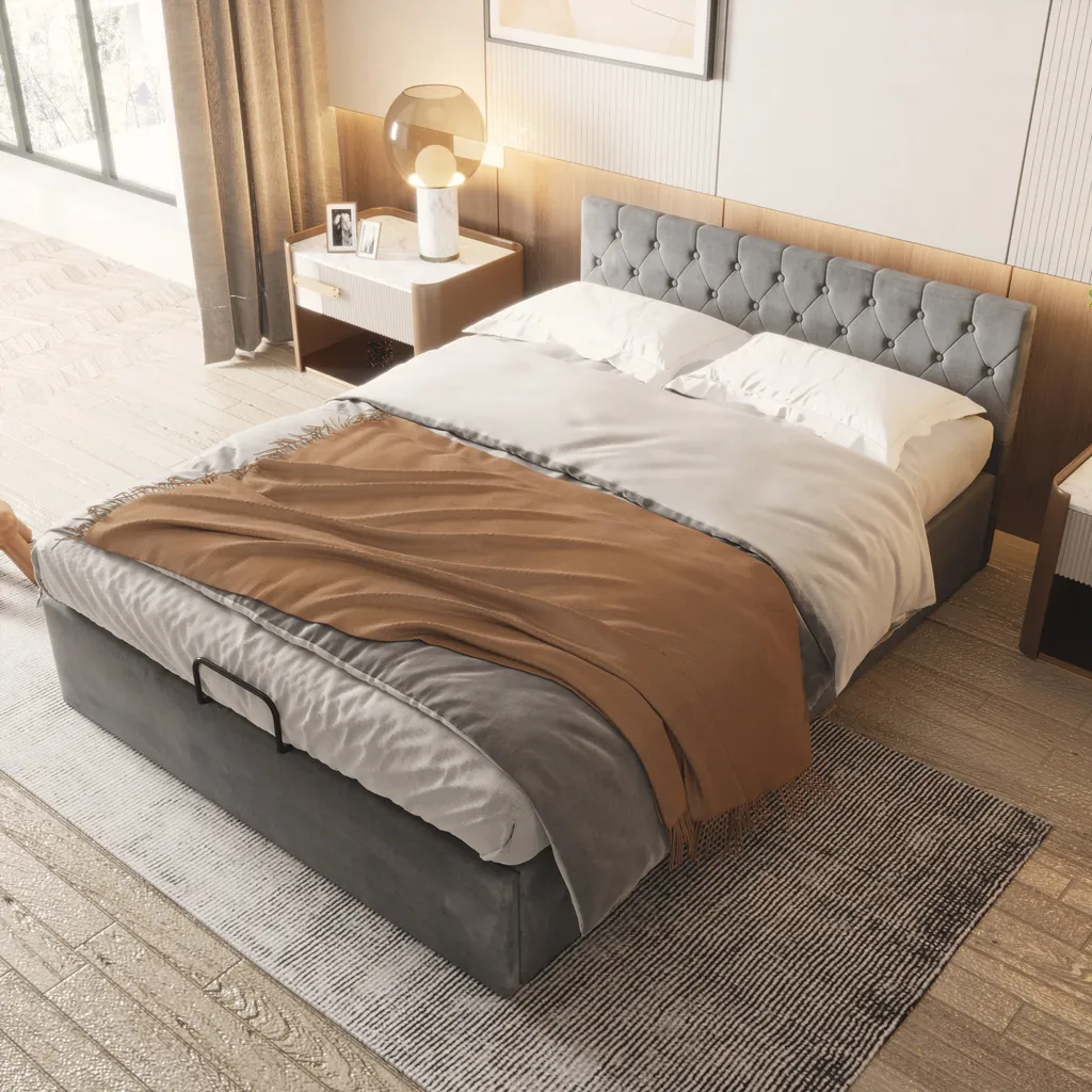 Merax Hydraulisches Boxspringbett 140x200cm Polsterbett Mit Lattenrost Und Stauraum, Stauraumbett Funktionsbett Doppelbett Aus Samt, Trennschichtlagerung Ohne Bodenplatte, Grau – Bild 2