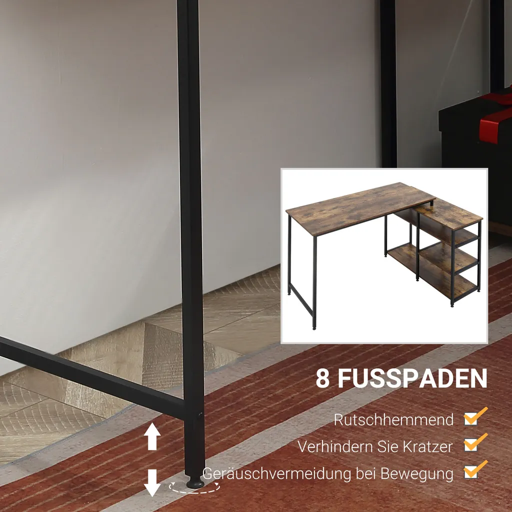 HOMCOM Eckschreibtisch Winkelschreibtisch PC-Tisch Computertisch Bürotisch Regal Schublade L-Form Spanplatte Metall Rustikales Braun 135 X 90 X 79 Cm – Bild 5