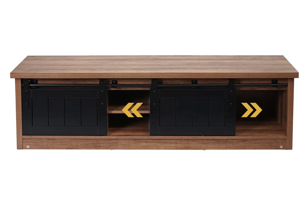 TV-Rack HWC-K75, Fernsehtisch TV-Board, Schiebetüren Staufächer, Holz-Optik Industrial Metall 43x150x40cm Braun – Bild 5