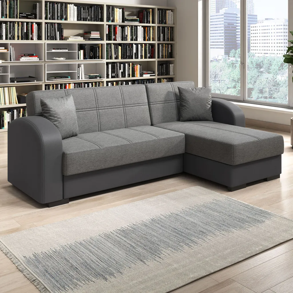 Inter Handels Ecksofa Alaska Grau Mit Bettkasten Und Schlaffunktion | L-Couch Aus Kunstleder Und Webstoff – Bild 2