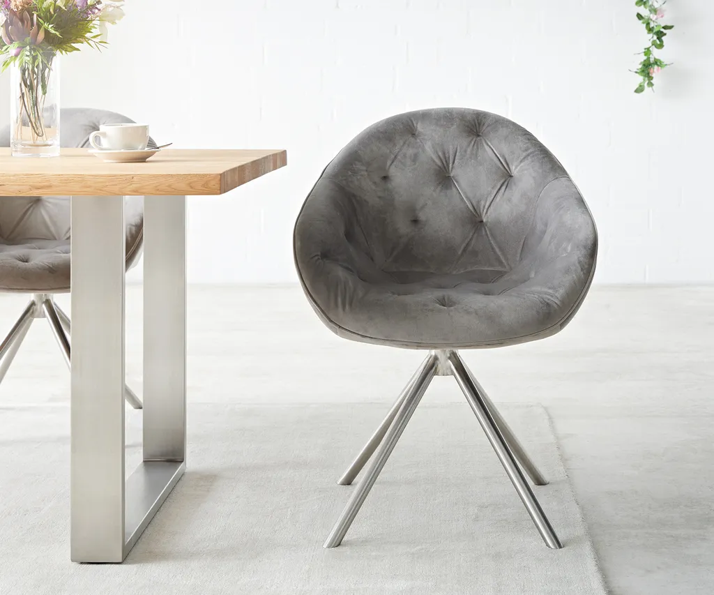 DELIFE Drehstuhl Gaio-Flex Mit Armlehnen Samt Grau Kreuzgestell Rund Edelstahl 180° Drehbar – Bild 2