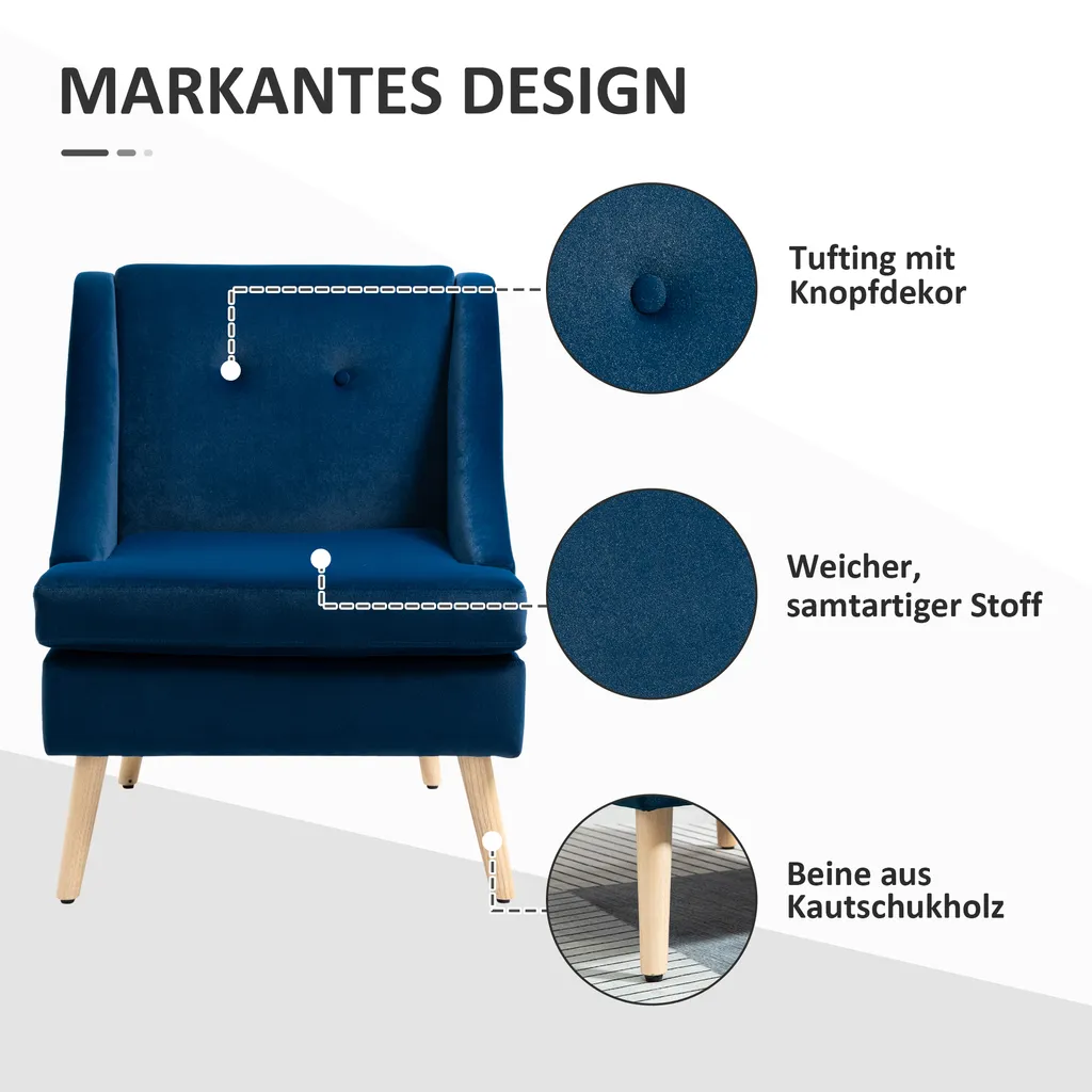 HOMCOM Esszimmerstuhl Loungesessel Mit Armlehne Akzentsessel Küchensessel Skandi-Design Bis 150 Kg Belastbar Für Wohnzimmer Schlafzimmer Bezug Aus Samt Blau 69 X 76 X 87,5 Cm – Bild 4