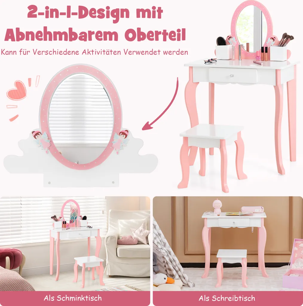 COSTWAY Kinder-Schminktisch Mit Hocker, 2-in-1-Kinder-Schminktisch-Set Aus Holz Mit Spiegel, Schublade & Stifthalter, Make-Up-Tisch Für Kinder Im Alter Von 3-7 Jahren (Weiß) – Bild 2