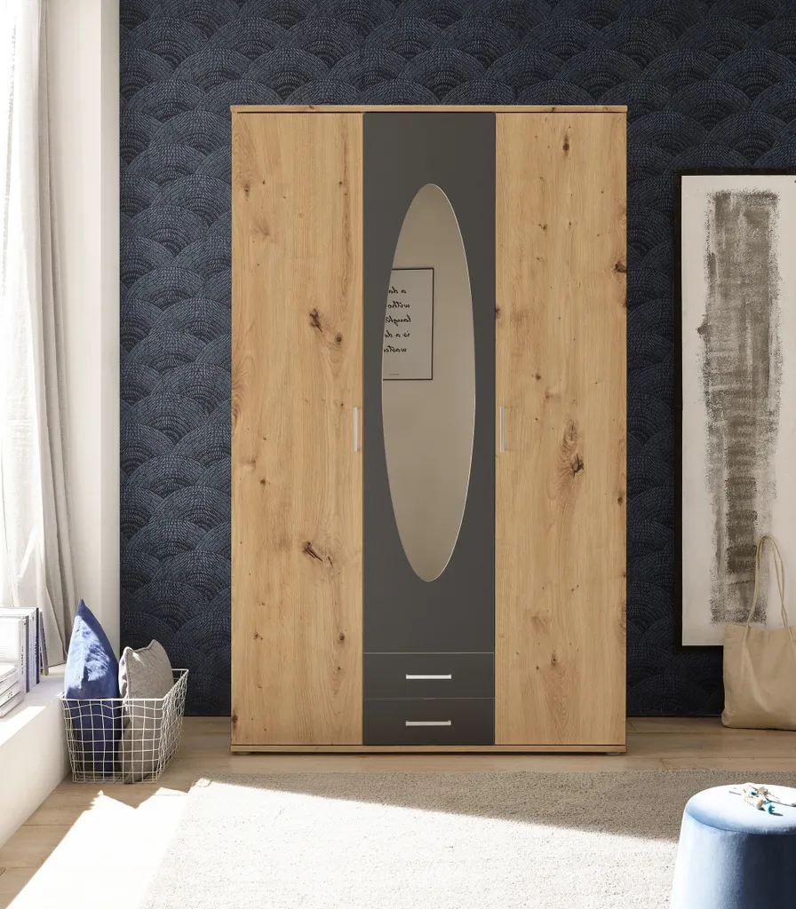 Kleiderschrank "Kassel" In Artisan Eiche / Graphit Mit 2 Schubladen Und 3 Türen. Abmessungen (BxHxT) 120x195x55 Cm – Bild 4