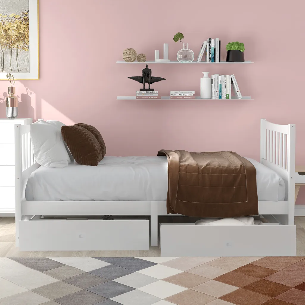 Merax Kinderbett 90x200cm Jugendbett Mit Schubladen, Kopfteil Und Fußteil, Einzelbett Kiefer Bettrahmen Massiv Gästebett, Weiß – Bild 2