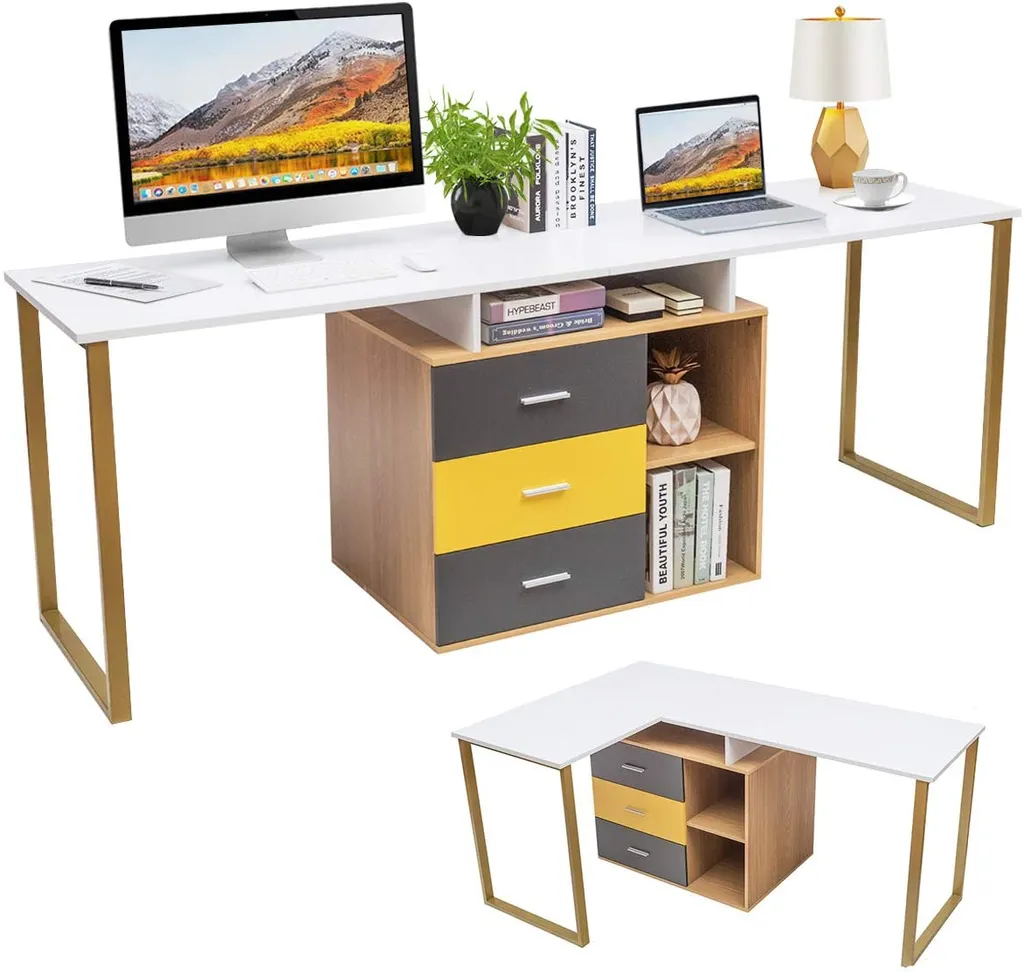COSTWAY 2 Personen Computertisch Mit 3 Schubladen Und 2 Offenen Fächern, L-förmiger Eckschreibtisch, Schreibtisch Umstellbar, Arbeitstisch Holz, Winkelkombination Tisch Für Homeoffice