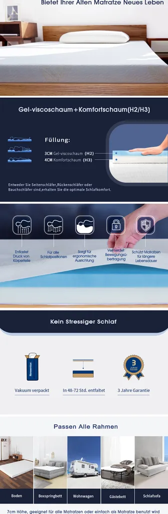 Newentor® 7cm Gelschaum Topper 90 X 190 Cm Matratzentopper 2-in-1 Viskotopper, Gel Memory Topper Für Bett Boxspringbett Schlafsofa, Bezug Waschbar, 7 X 90 X 190 Cm – Bild 8