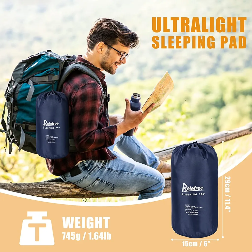 Relefree Isomatte Camping Selbstaufblasend Mit Fußpresse Kleines Packmaß Ultraleicht - Camping Luftmatratze Wasserdicht Mit Kissen , Mehrweg,Marineblau – Bild 7
