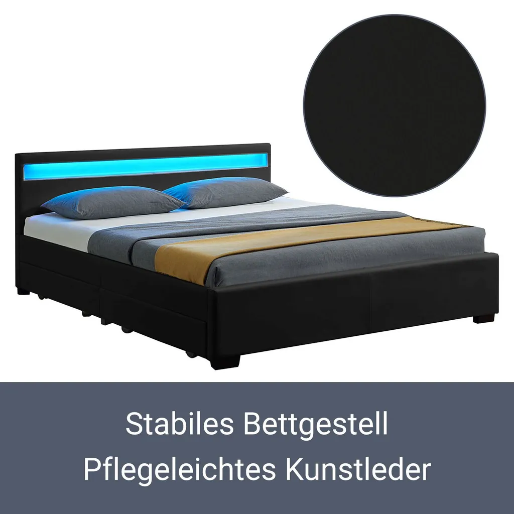 Juskys Polsterbett Lyon 140 X 200 Cm Mit Bettkasten, LED Beleuchtung, Lattenrost & Matratze - Kunstleder & Holz – Bett Bettgestell Jugendbett Schwarz – Bild 3