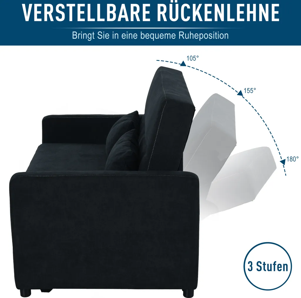HOMCOM Schlafsofa, Klappsofa, 2-Sitzer Stoffsofa, Bettsofa, Sofa Mit Schlaffunktion, Sofagarnitur, Verstellbarer Winkel, Schwarz, 148 X 82 X 89 Cm – Bild 6