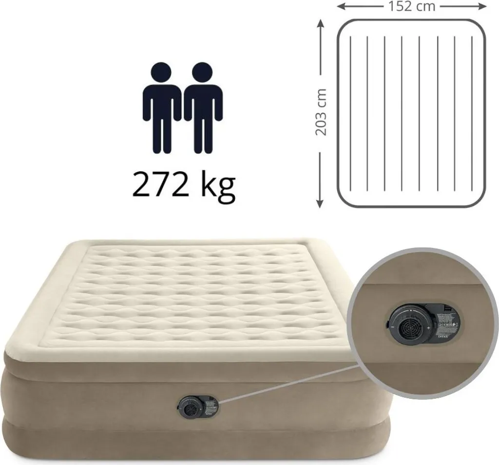 Intex Ultra Plush - Luftmatratze - Doppelt - Mit Reparaturset Und Eingebaute Pumpe - 203x152x46 Cm - PVC - Beige – Bild 3