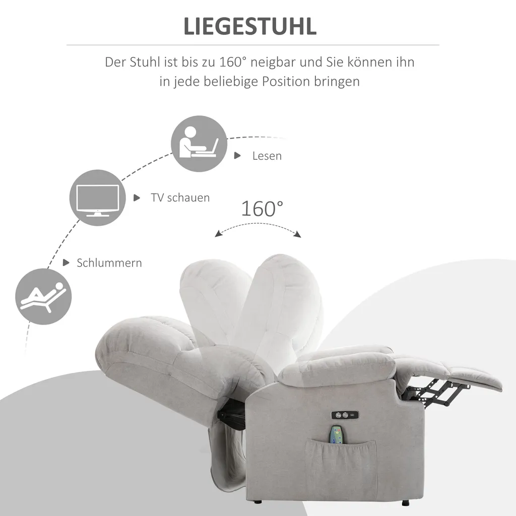 HOMCOM Massagesessel Aufstehhilfe Elektrischer Relaxsessel Mit Wärmefunktion Verstellbarer Winkel USB Fernbedienung Kurzplüsch Grau 83 X 95 X 105 Cm – Bild 6