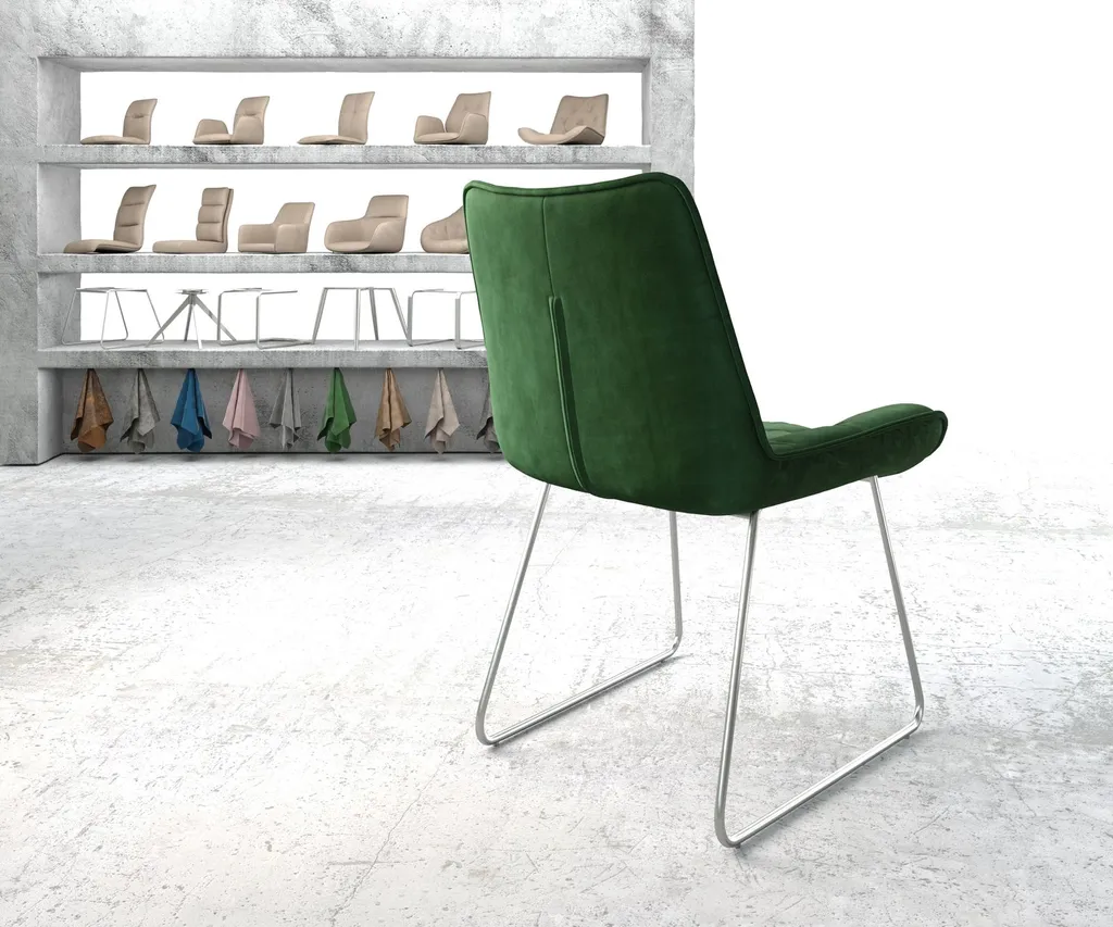 DELIFE Esszimmerstuhl Taimi-Flex Samt Grün Kufengestell Edelstahl – Bild 3