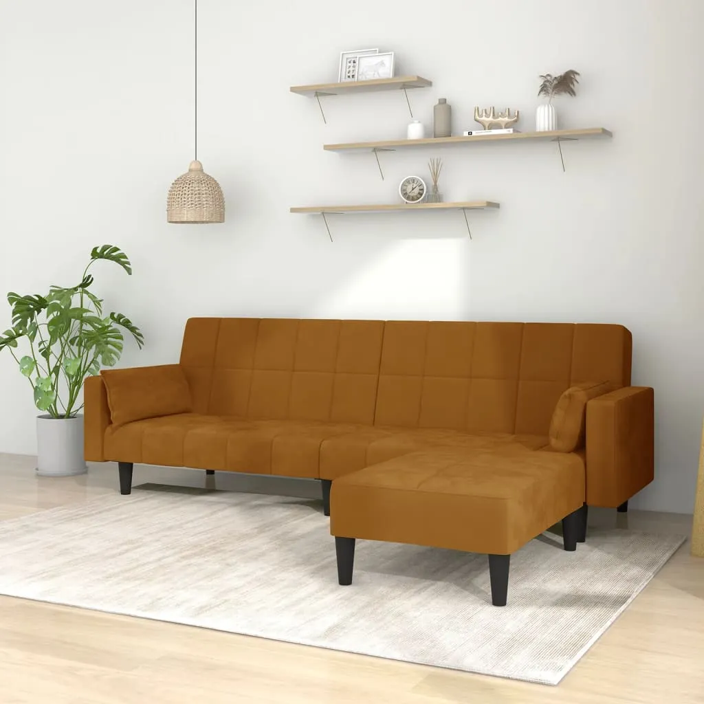 VidaXL Schlafsofa 2-Sitzer Mit 2 Kissen & Hocker Braun Samt – Bild 2