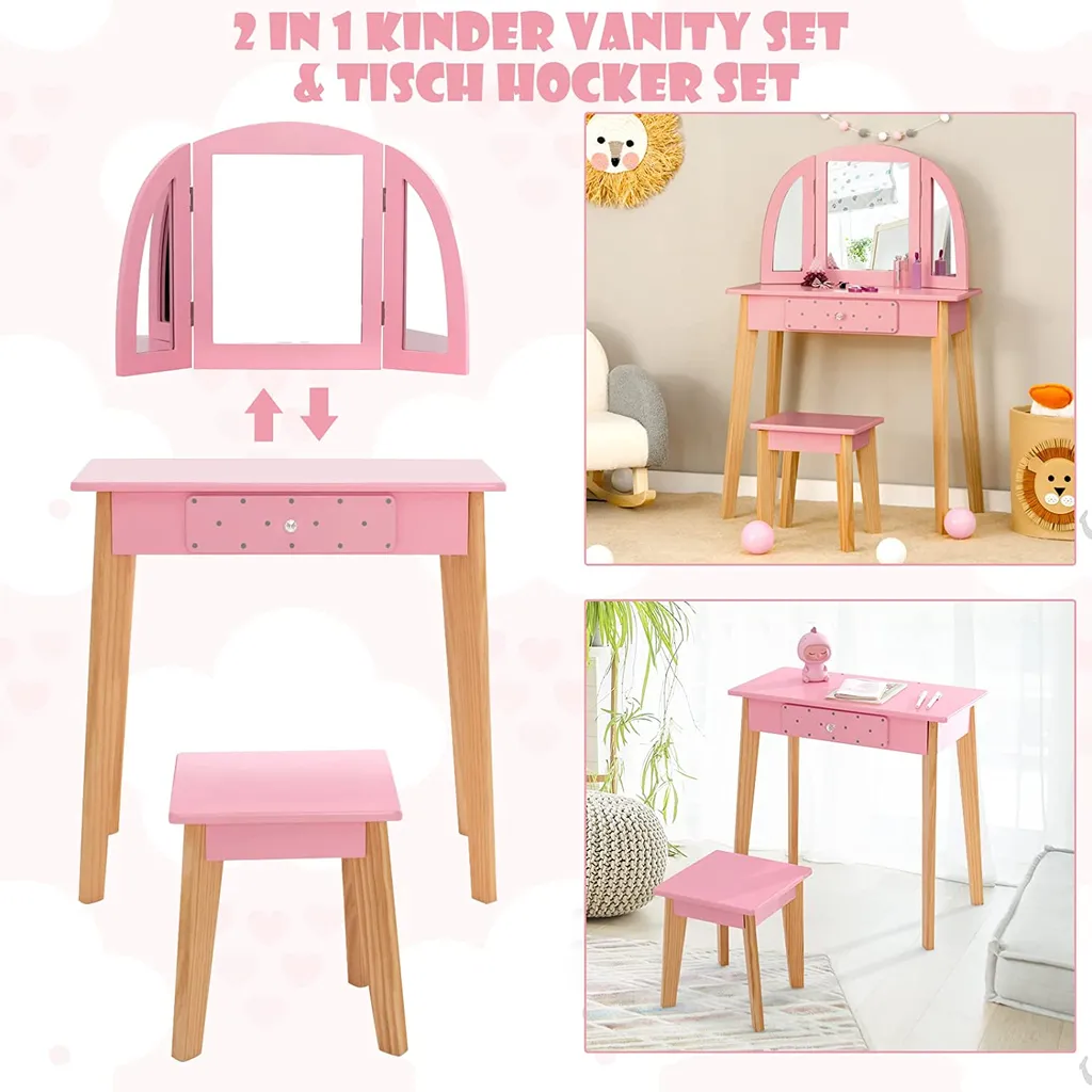 COSTWAY 2-in-1-Schminktischset Für Kinder, Kinderschminktisch Mit Hocker Aus Holz Für Kinder Mit Dreifach Klappbarem Spiegel & Schublade, Make-up Tischset Für Mädchen Von 3-7 Jahren (Rosa) – Bild 3